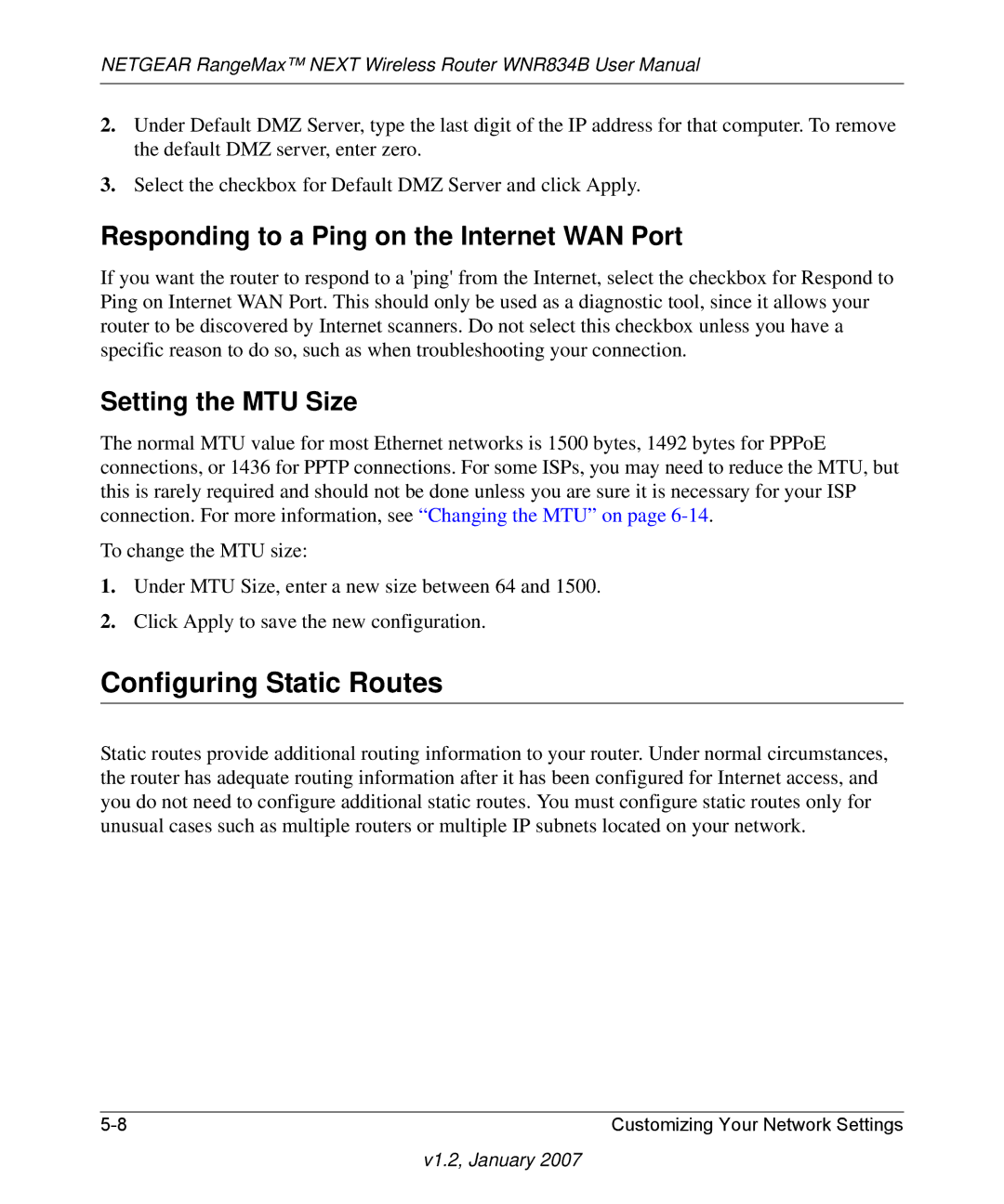 RadioLAN WNR834B user manual Configuring Static Routes, Responding to a Ping on the Internet WAN Port, Setting the MTU Size 