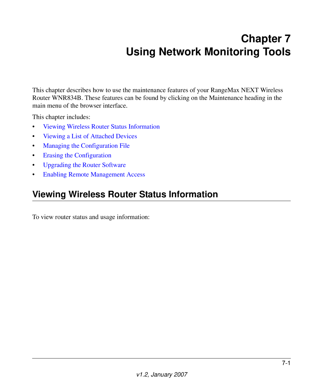 RadioLAN WNR834B user manual Chapter Using Network Monitoring Tools, Viewing Wireless Router Status Information 