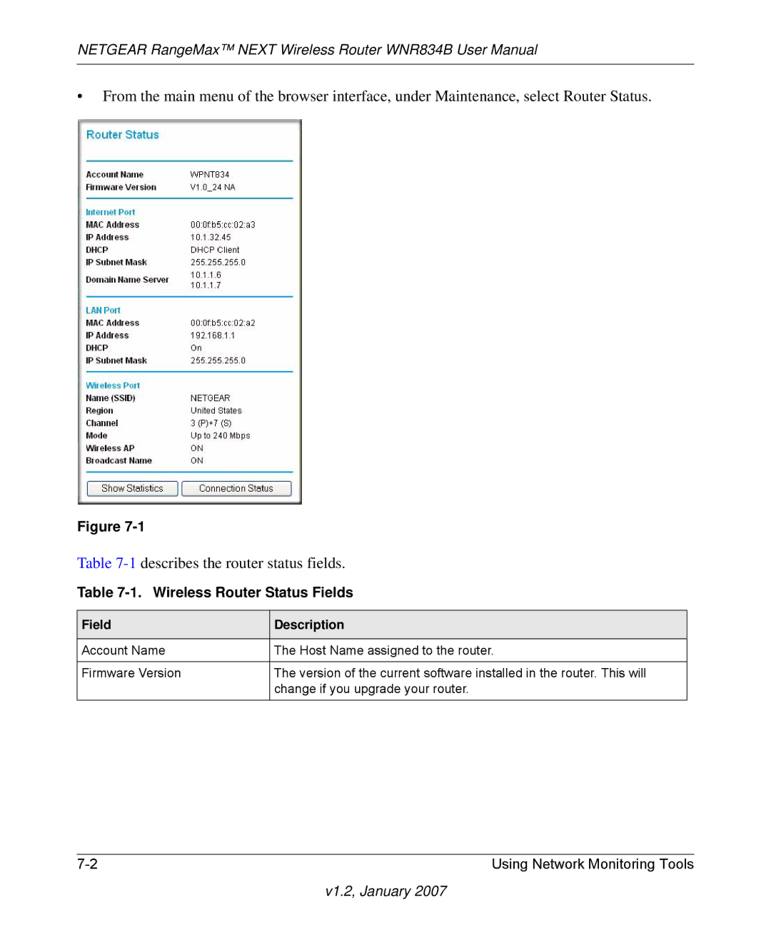 RadioLAN WNR834B user manual Wireless Router Status Fields 