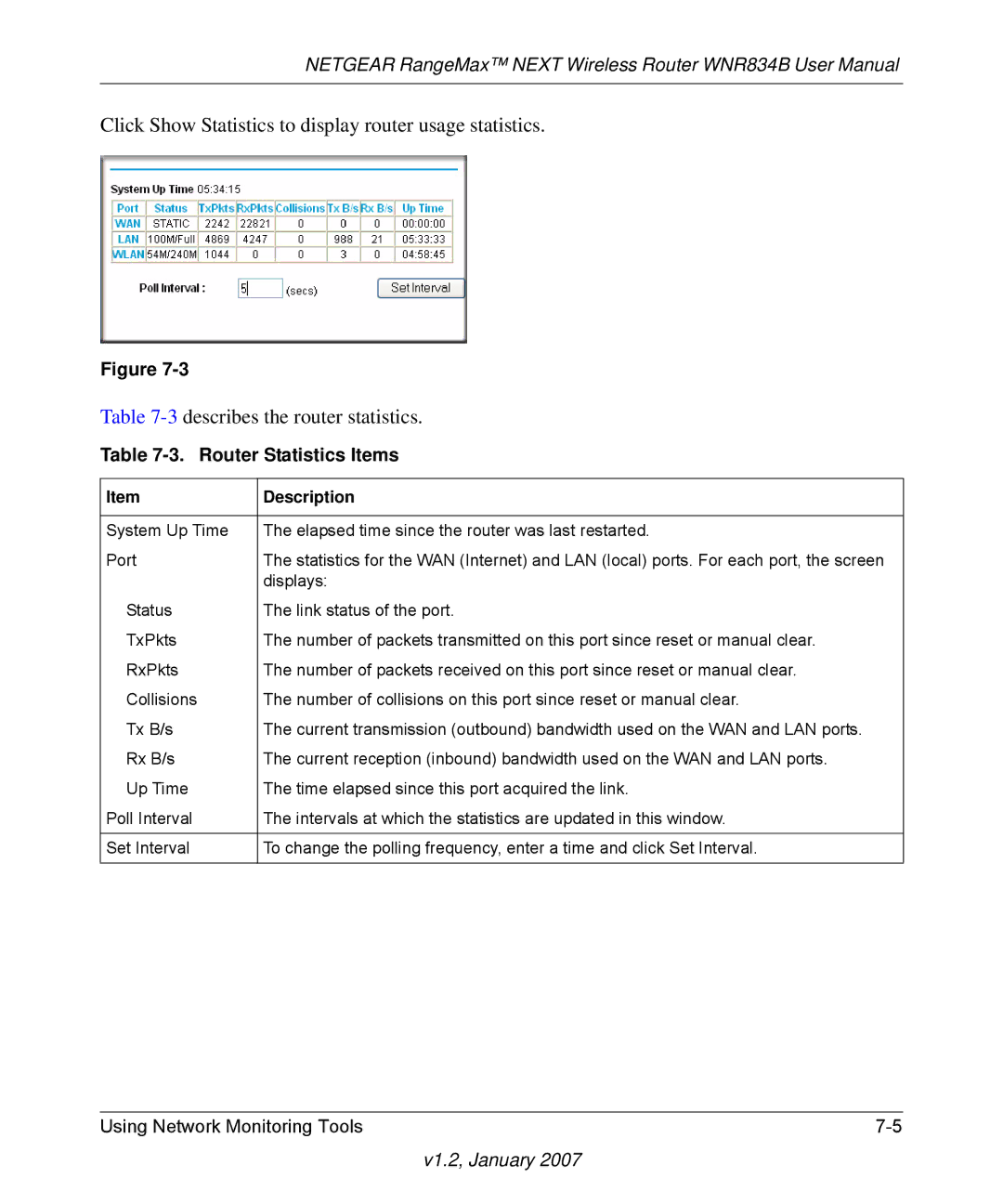 RadioLAN WNR834B user manual Router Statistics Items 