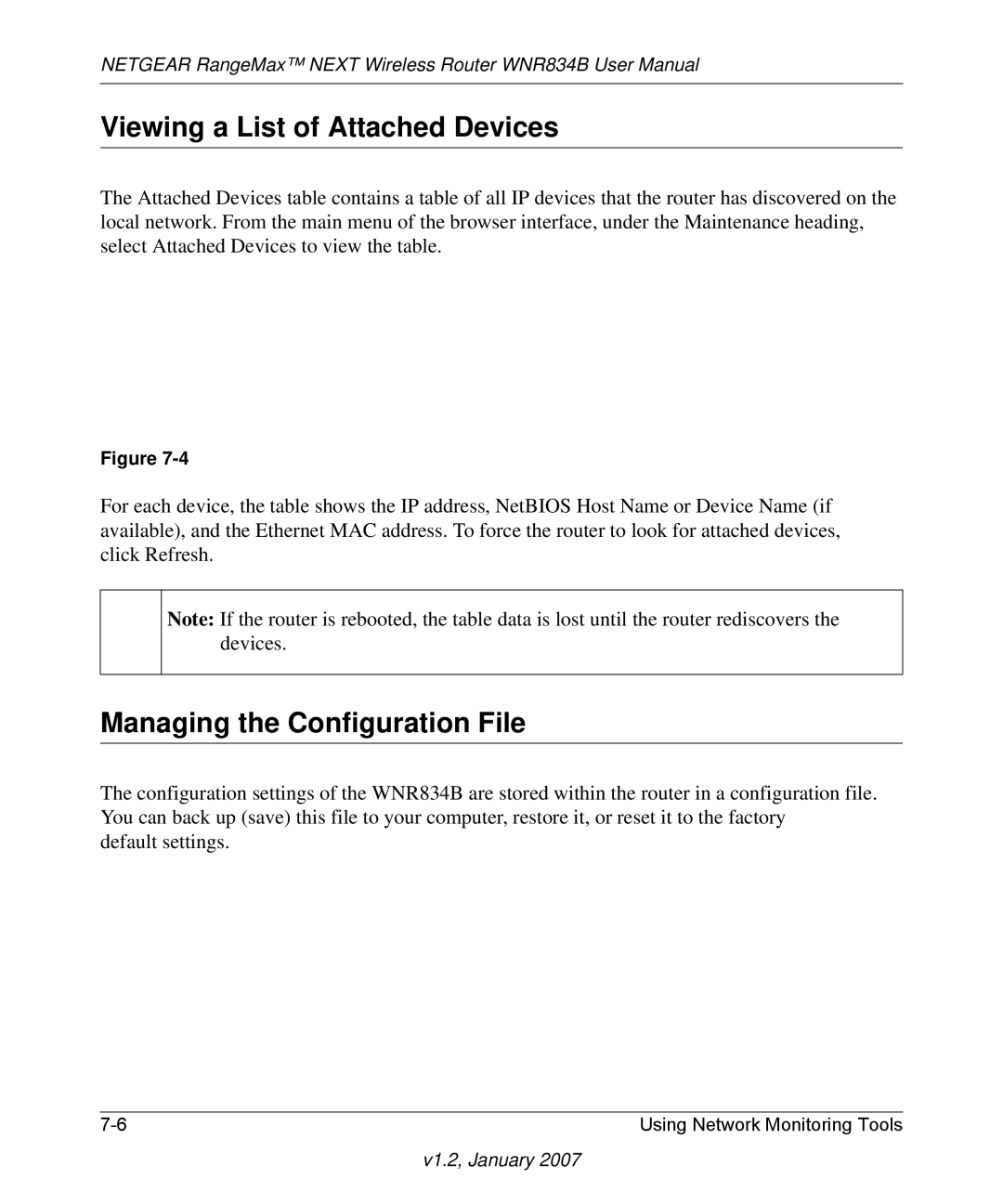 RadioLAN WNR834B user manual Viewing a List of Attached Devices, Managing the Configuration File 