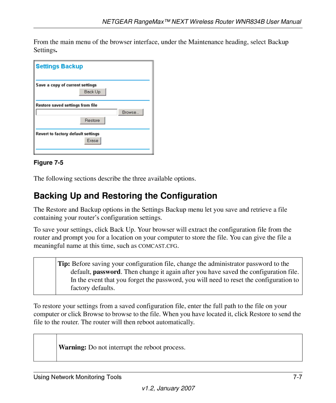 RadioLAN WNR834B user manual Backing Up and Restoring the Configuration 