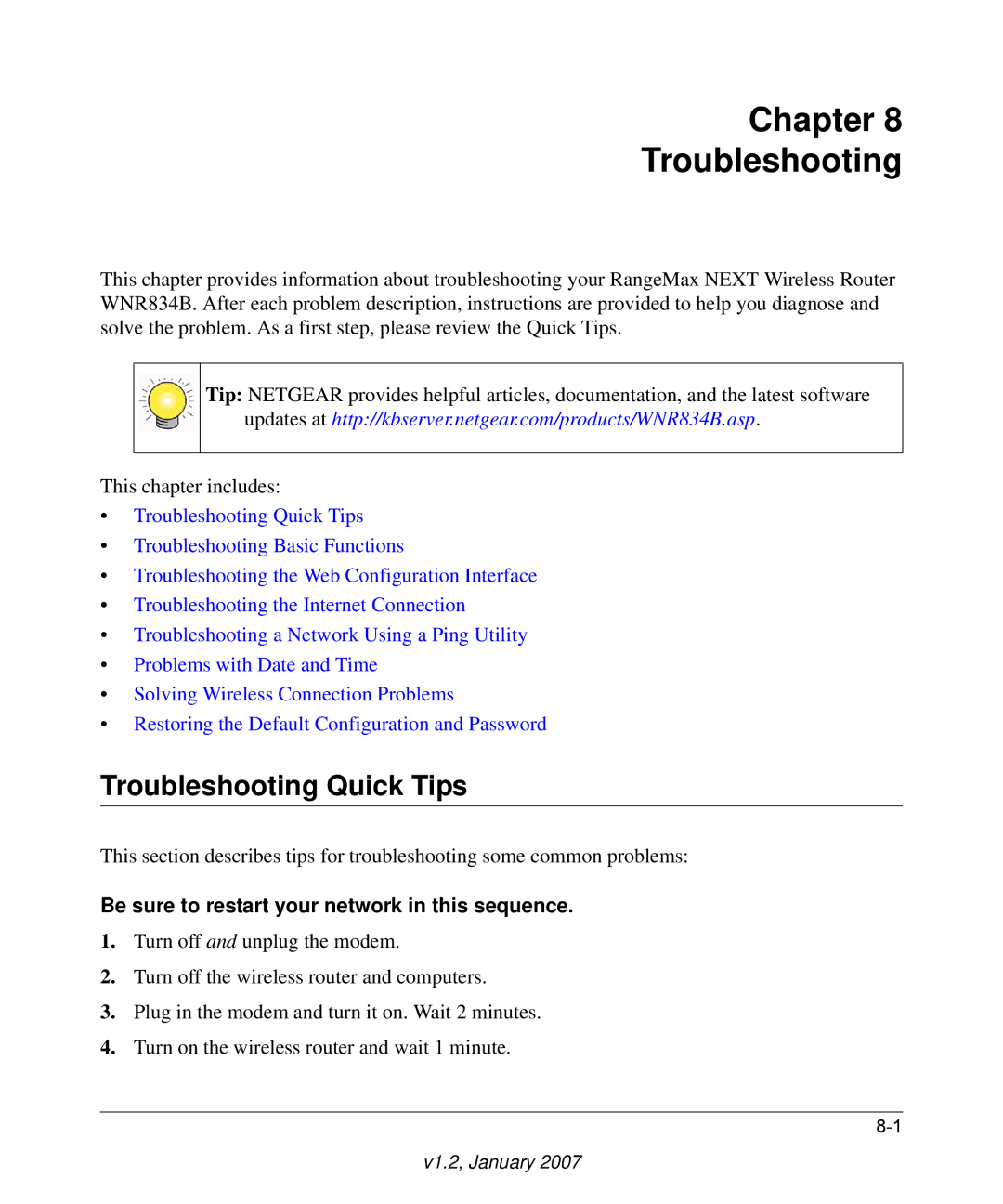 RadioLAN WNR834B Chapter Troubleshooting, Troubleshooting Quick Tips, Be sure to restart your network in this sequence 