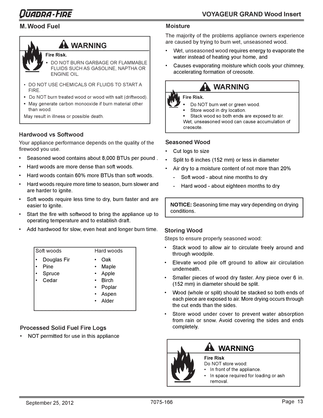 Radware VOYA-GRAND-PMH, VOYA-GRAND-MBK owner manual Wood Fuel, Moisture 