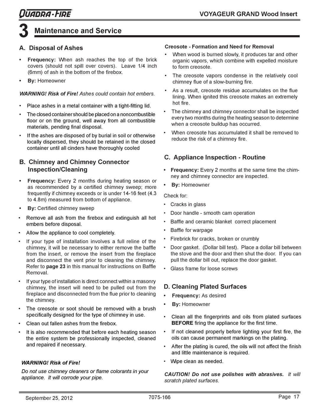 Radware VOYA-GRAND-PMH Maintenance and Service, Disposal of Ashes, Chimney and Chimney Connector Inspection/Cleaning 