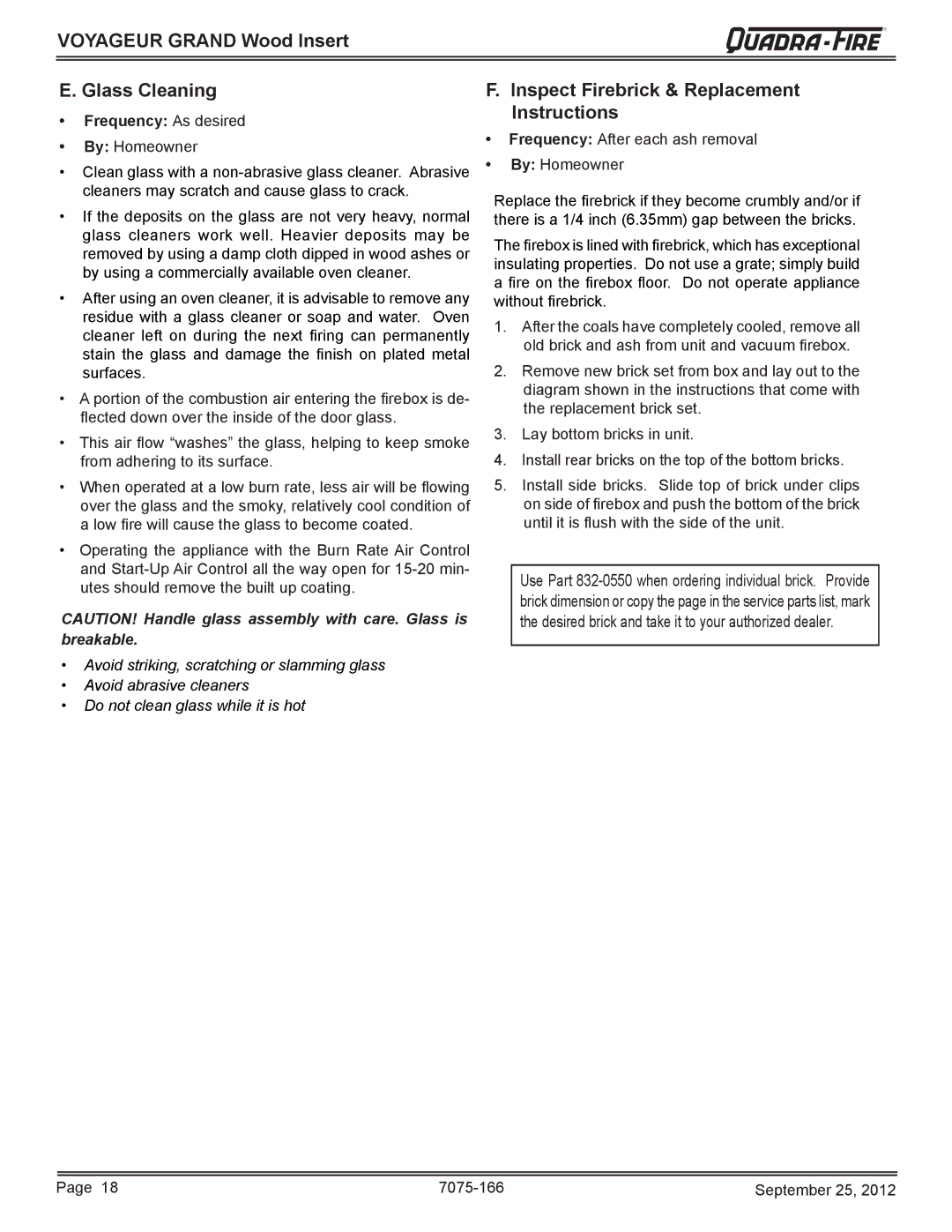 Radware VOYA-GRAND-MBK owner manual Voyageur Grand Wood Insert Glass Cleaning, Inspect Firebrick & Replacement Instructions 