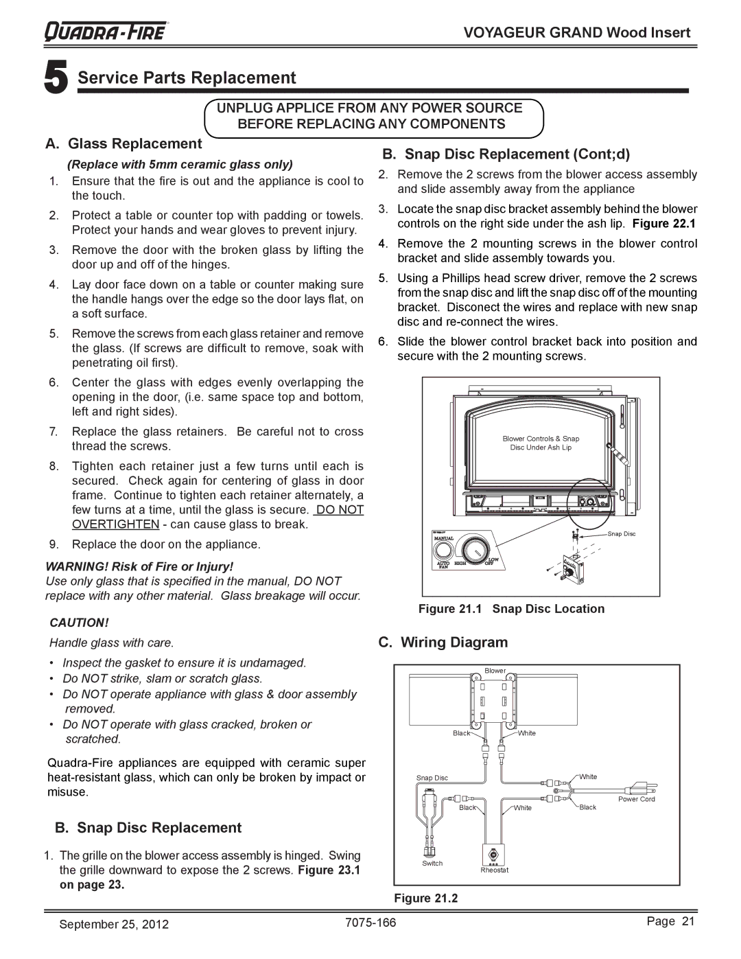 Radware VOYA-GRAND-PMH Service Parts Replacement, Glass Replacement, Snap Disc Replacement Contd, Wiring Diagram 