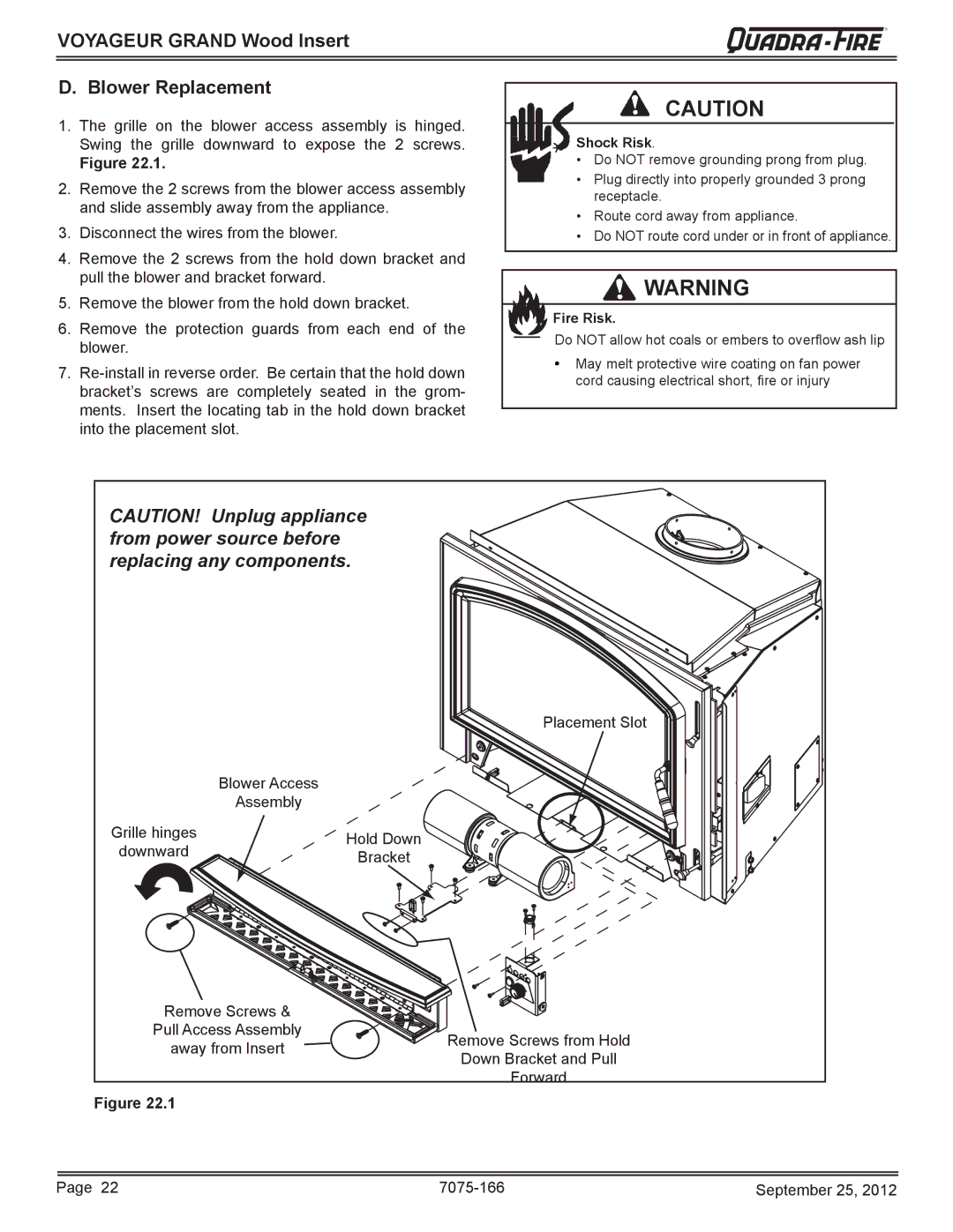 Radware VOYA-GRAND-MBK, VOYA-GRAND-PMH owner manual Voyageur Grand Wood Insert Blower Replacement, Shock Risk 