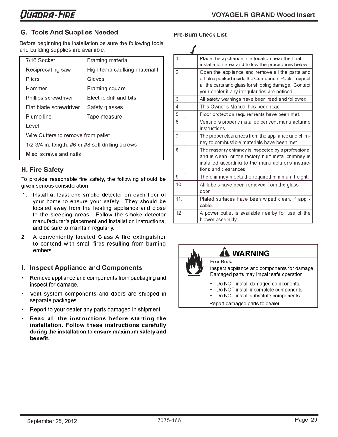 Radware VOYA-GRAND-PMH owner manual Voyageur Grand Wood Insert Tools And Supplies Needed, Inspect Appliance and Components 