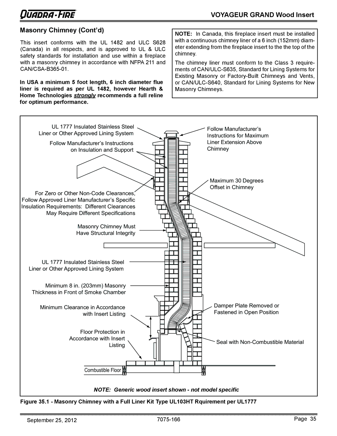 Radware VOYA-GRAND-PMH, VOYA-GRAND-MBK owner manual Voyageur Grand Wood Insert Masonry Chimney Cont’d 