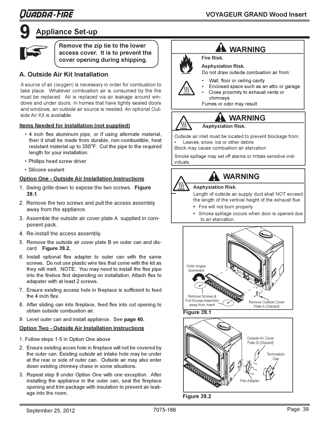 Radware VOYA-GRAND-PMH Appliance Set-up, Outside Air Kit Installation, Items Needed for Installation not supplied 