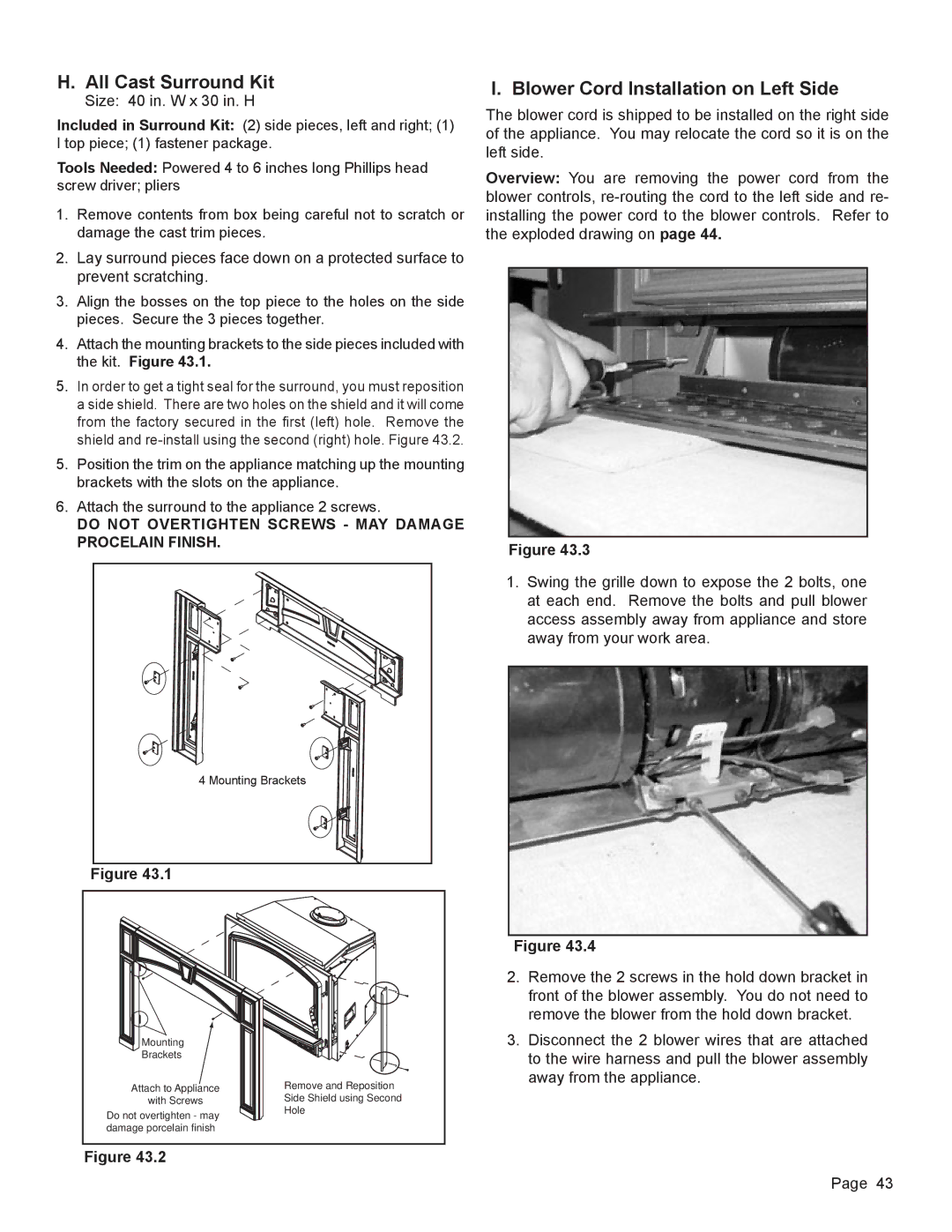 Radware VOYA-GRAND-PMH owner manual Voyageur Grand Wood Insert All Cast Surround Kit, Blower Cord Installation on Left Side 