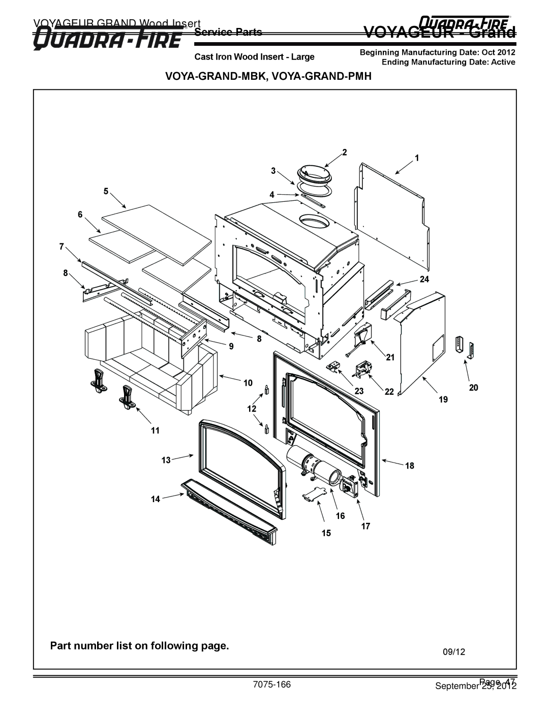 Radware VOYA-GRAND-PMH, VOYA-GRAND-MBK Service Parts, Part number list on following, Cast Iron Wood Insert Large 