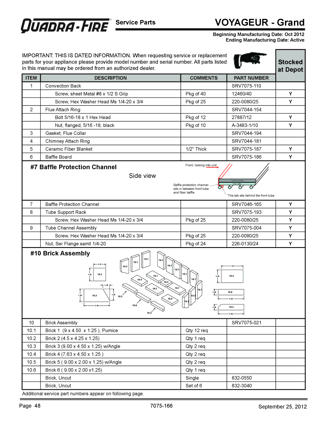 Radware VOYA-GRAND-MBK, VOYA-GRAND-PMH owner manual Stocked, At Depot, #7 Baffle Protection Channel, #10 Brick Assembly 