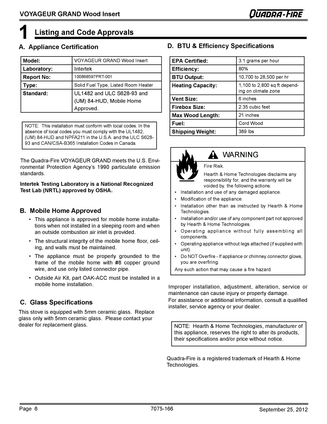 Radware VOYA-GRAND-MBK owner manual Listing and Code Approvals, Appliance Certification, BTU & Efficiency Specifications 