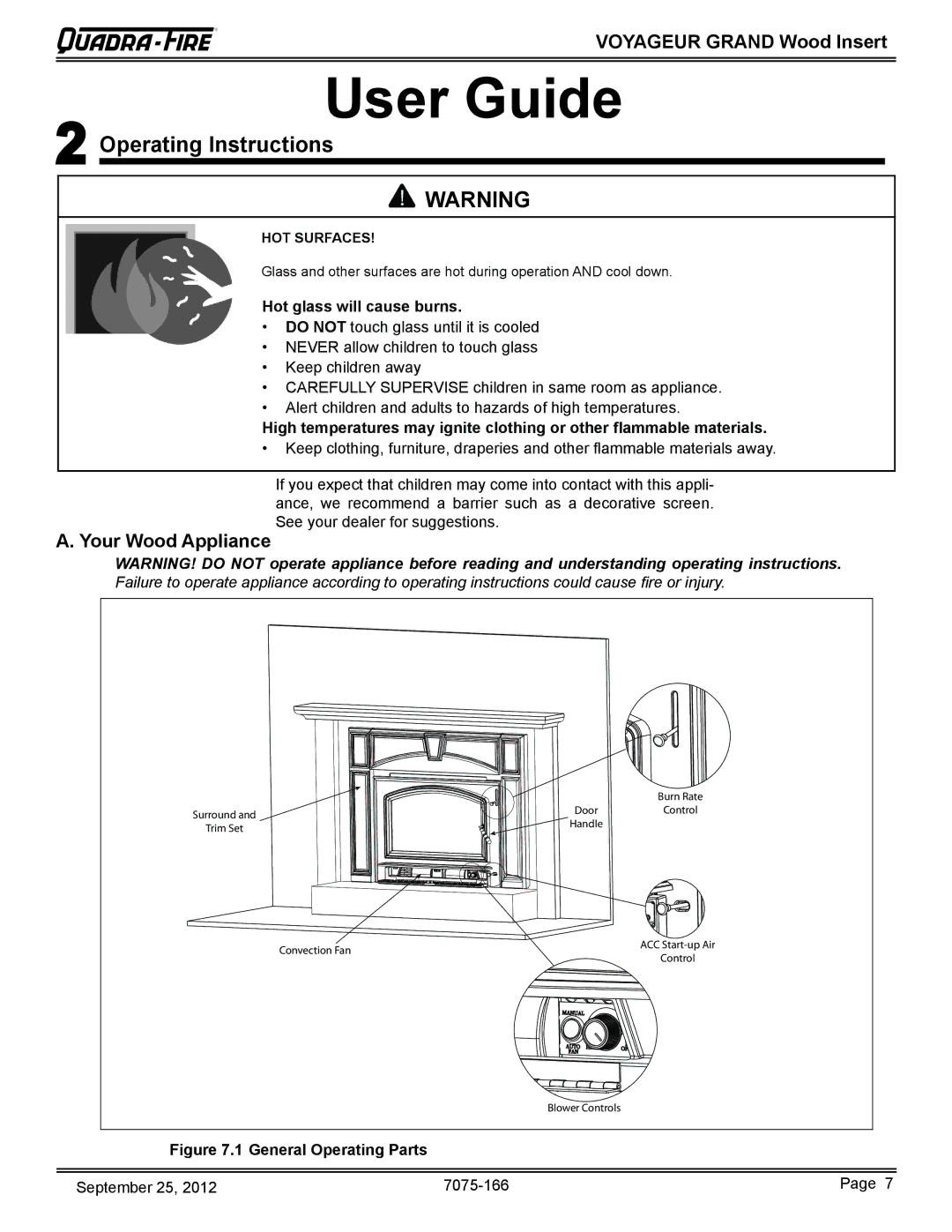 Radware VOYA-GRAND-PMH, VOYA-GRAND-MBK owner manual Operating Instructions, Your Wood Appliance, General Operating Parts 