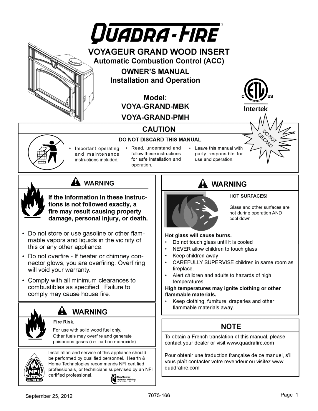 Radware owner manual Installation and Operation Model VOYA-GRAND-MBK VOYA-GRAND-PMH, Voyageur Grand Wood Insert 