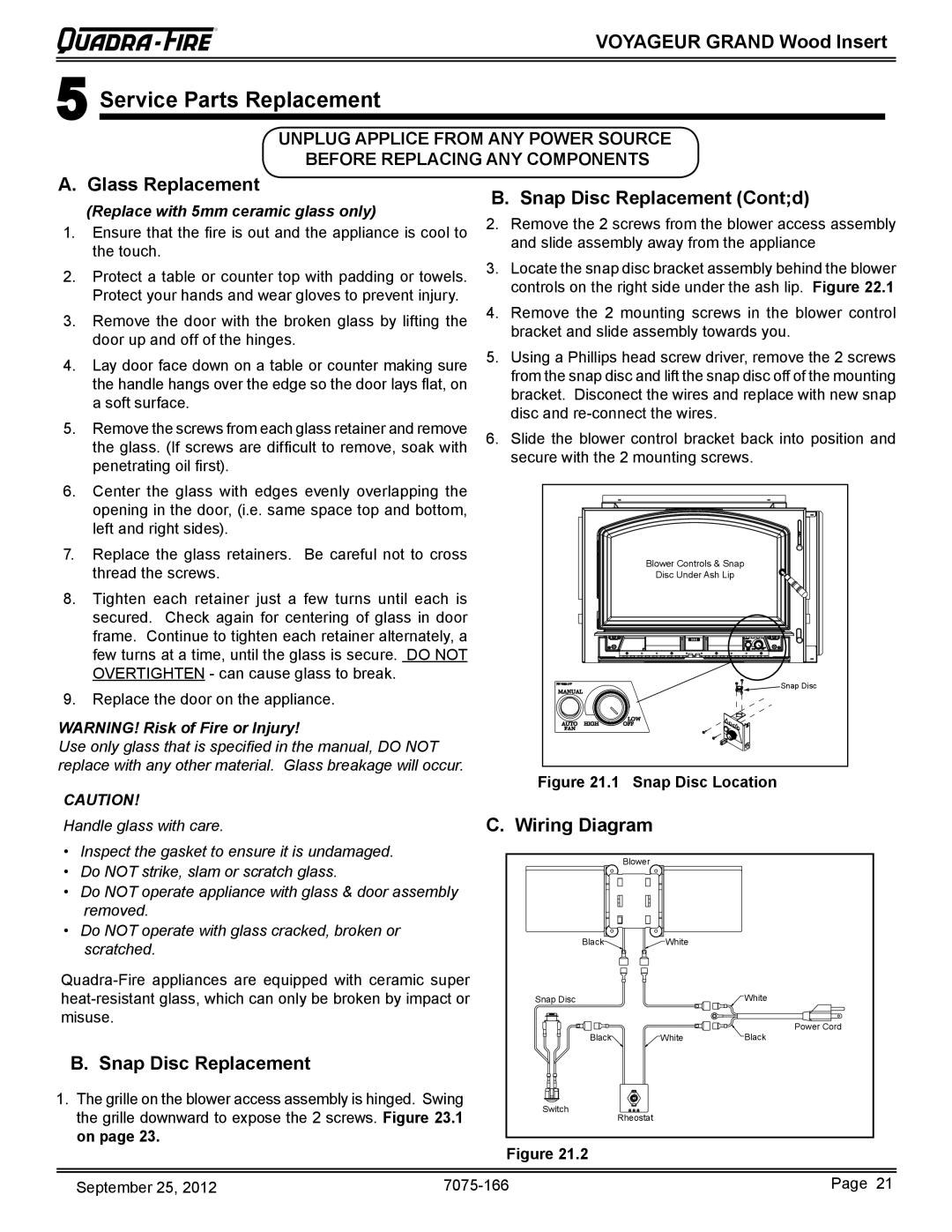 Radware VOYA-GRAND-PMH Service Parts Replacement, A. Glass Replacement, B. Snap Disc Replacement Contd, C. Wiring Diagram 