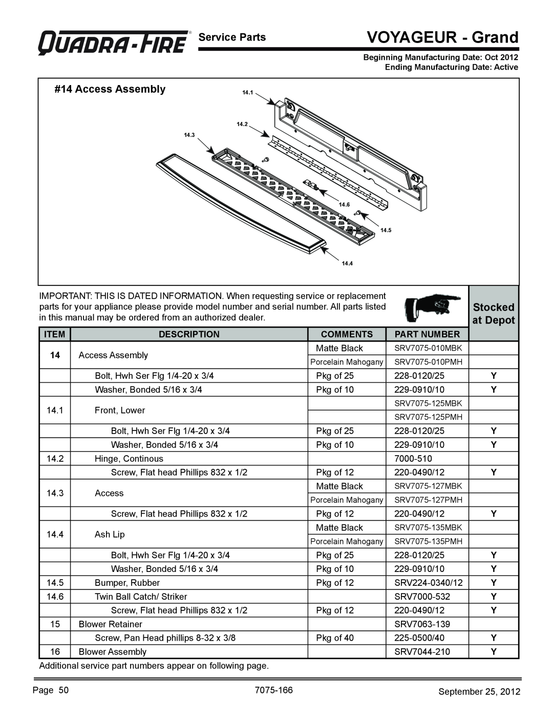 Radware VOYA-GRAND-MBK VOYAGEUR - Grand, R Service Parts, #14 Access Assembly, Stocked, at Depot, Description, Comments 