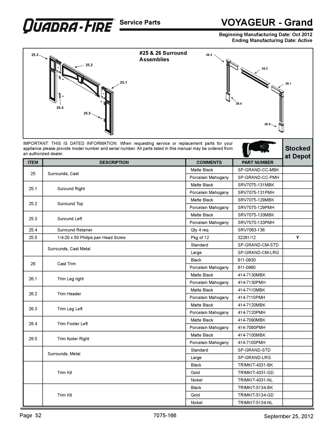 Radware VOYA-GRAND-MBK VOYAGEUR - Grand, R Service Parts, Stocked, at Depot, #25 & 26 Surround, Assemblies, Description 