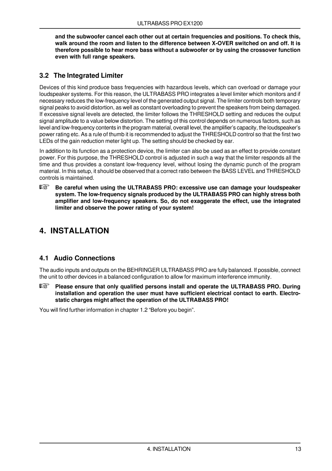 Rain Dance EX1200 user manual Installation, Integrated Limiter, Audio Connections 