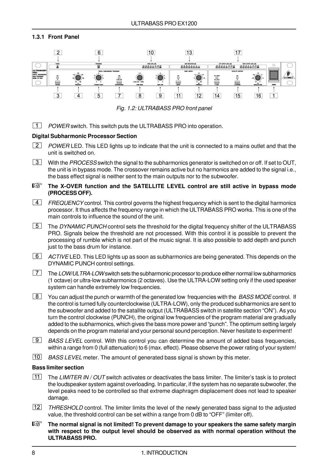 Rain Dance EX1200 user manual Front Panel, Digital Subharmonic Processor Section, Bass limiter section 