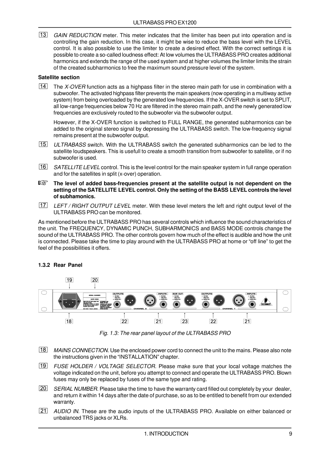 Rain Dance EX1200 user manual Satellite section, Rear Panel 