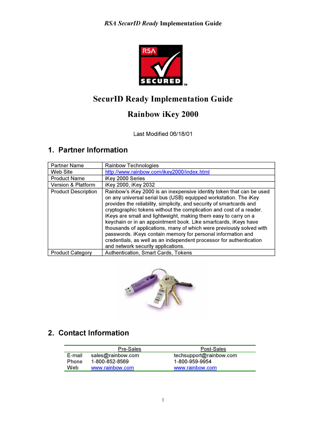 Rainbow Technologies 2000 manual Partner Information, Contact Information 