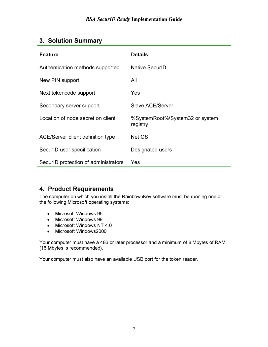 Rainbow Technologies 2000 manual Solution Summary, Product Requirements 