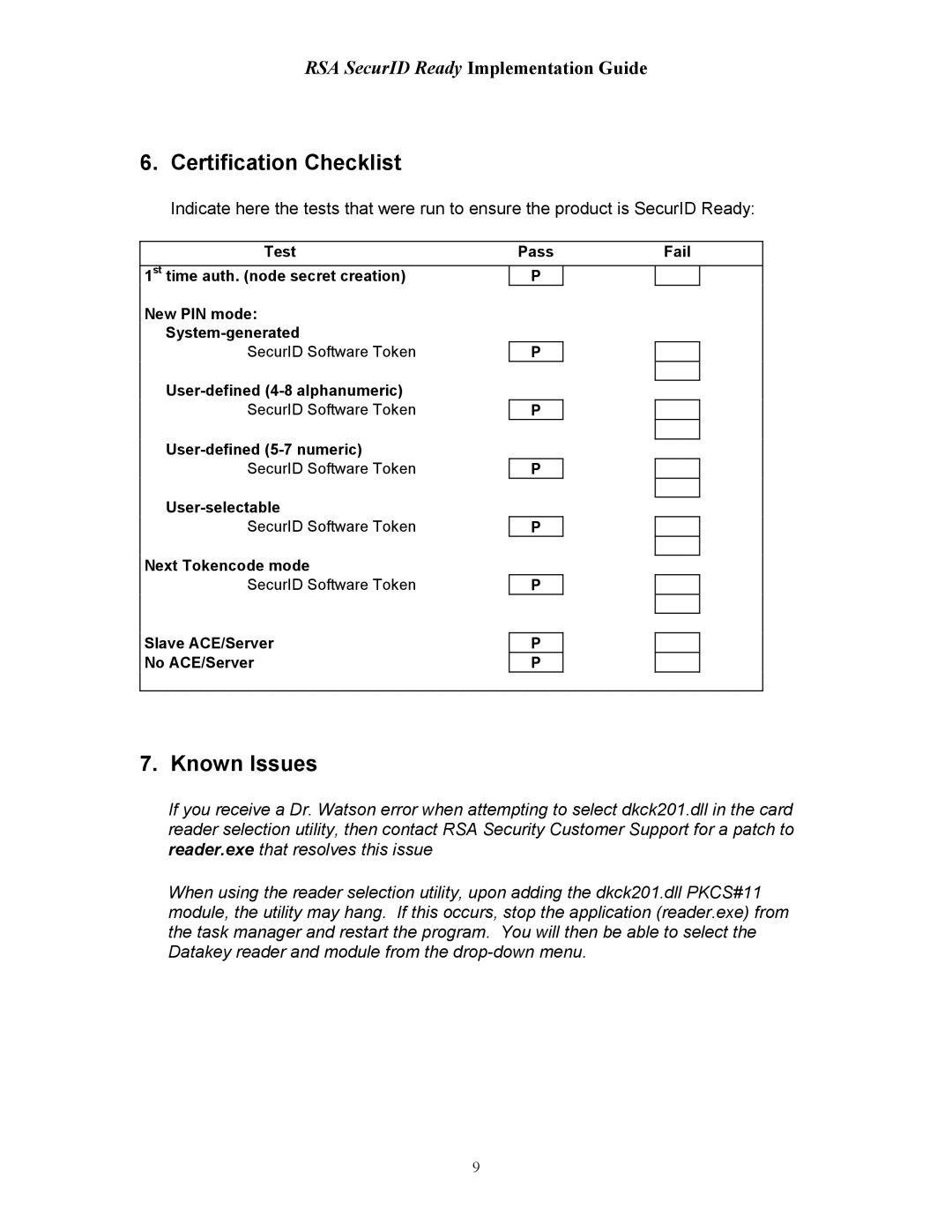 Rainbow Technologies 2000 manual Certification Checklist, Known Issues 