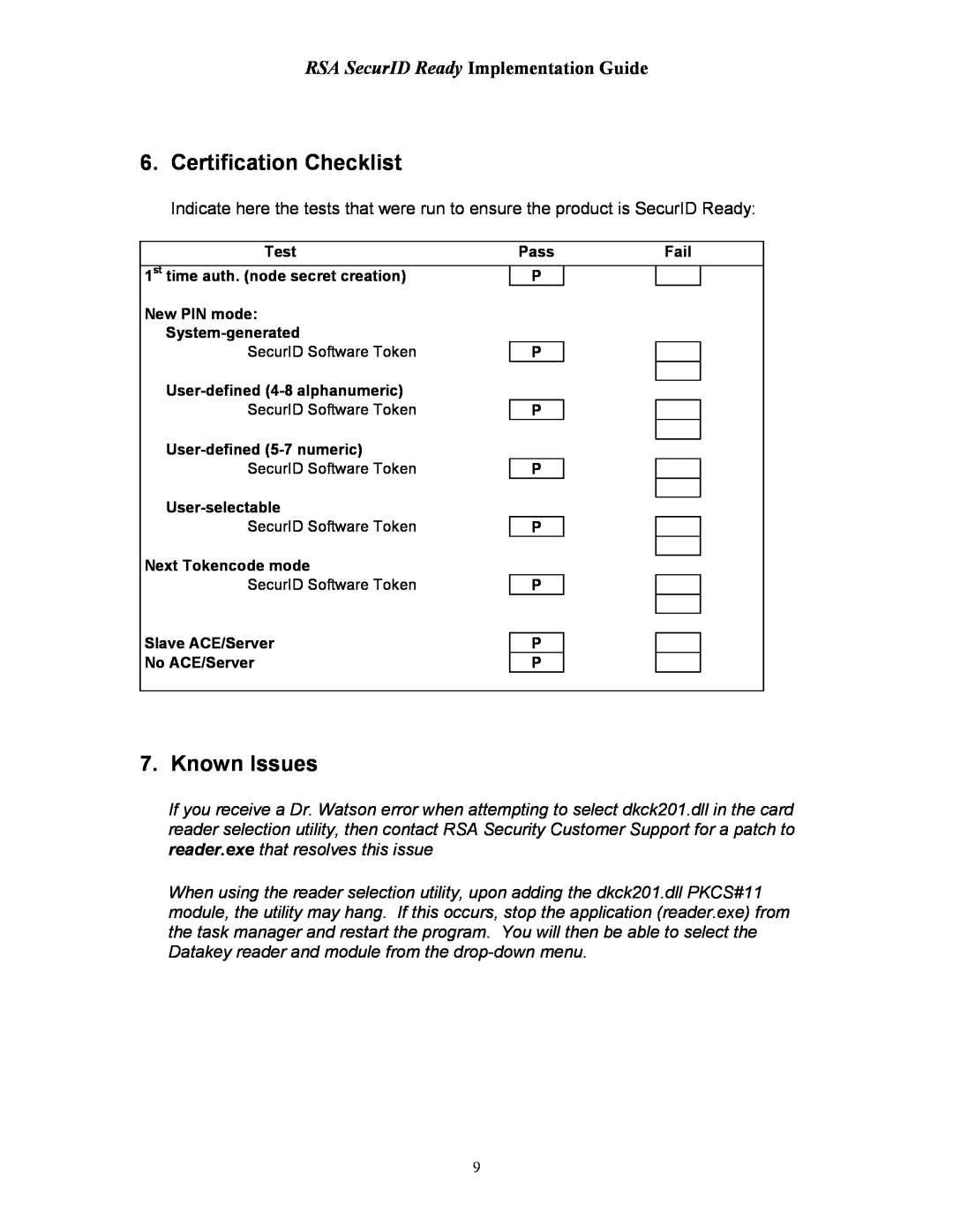 Rainbow Technologies 2000 manual Certification Checklist, Known Issues, RSA SecurID Ready Implementation Guide 