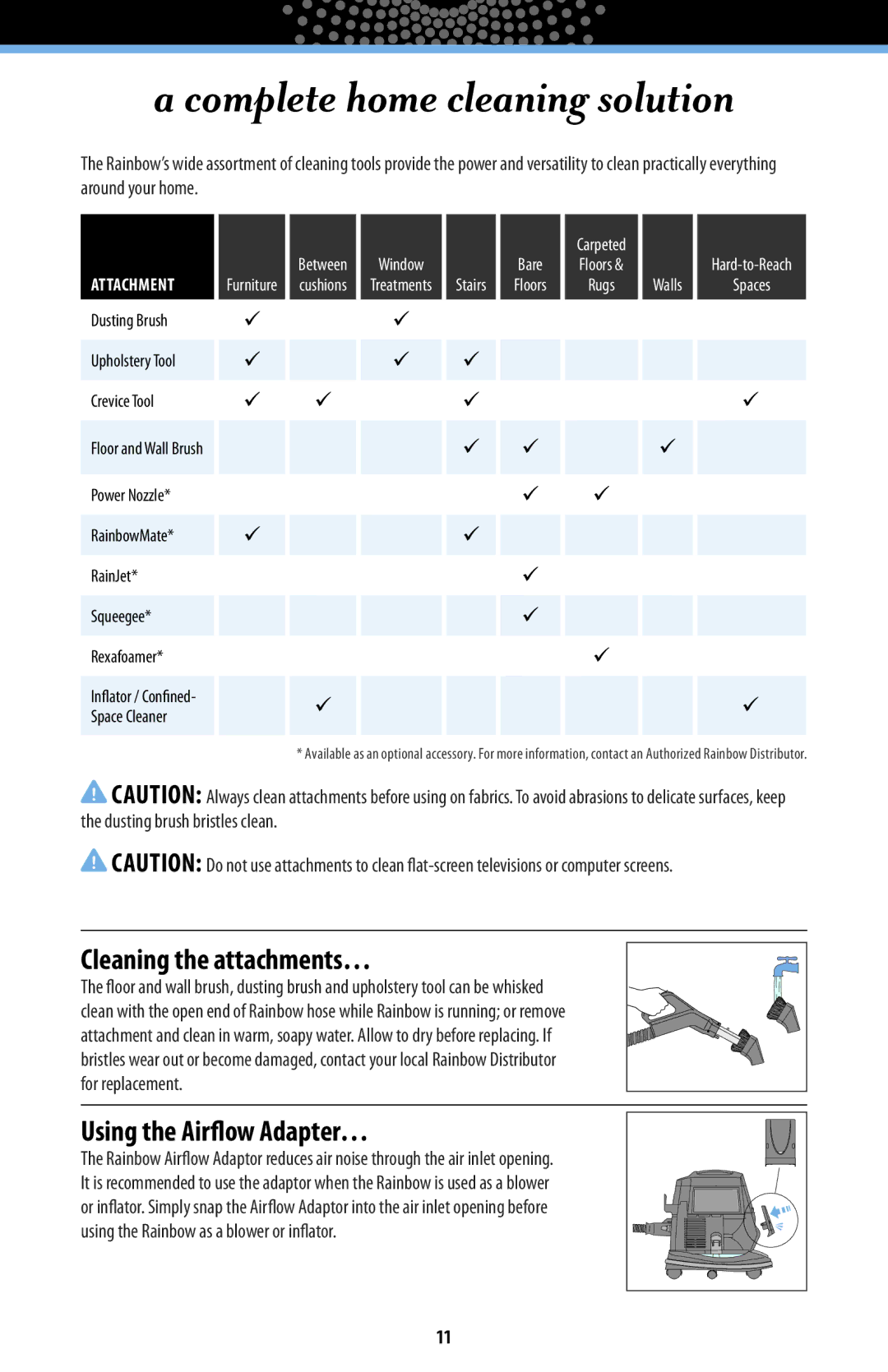Rainbow Technologies RAINBOWE2 Complete home cleaning solution, Cleaning the attachments…, Using the Airflow Adapter… 
