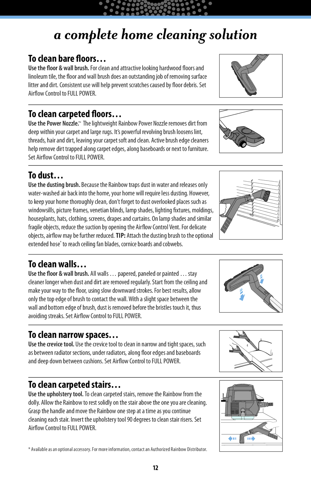 Rainbow Technologies RAINBOWE2 manual To clean bare floors…, To clean carpeted floors…, To dust…, To clean walls… 