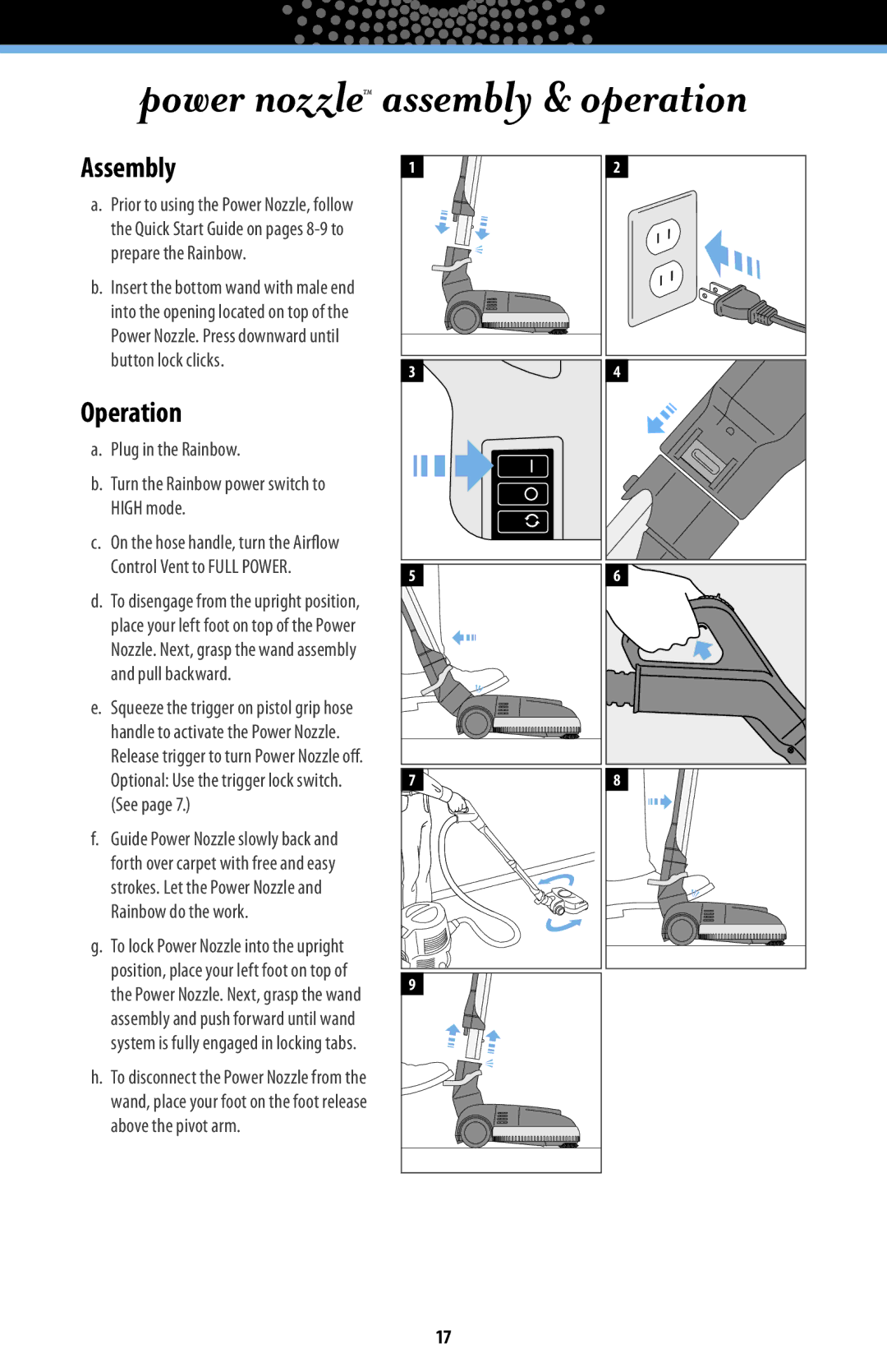 Rainbow Technologies RAINBOWE2 manual Power nozzle assembly & operation, Assembly, Operation 