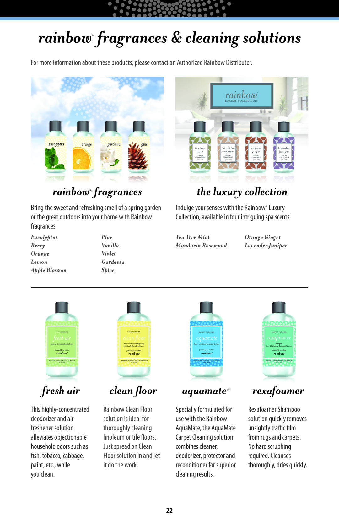 Rainbow Technologies RAINBOWE2 manual Rainbow fragrances & cleaning solutions 