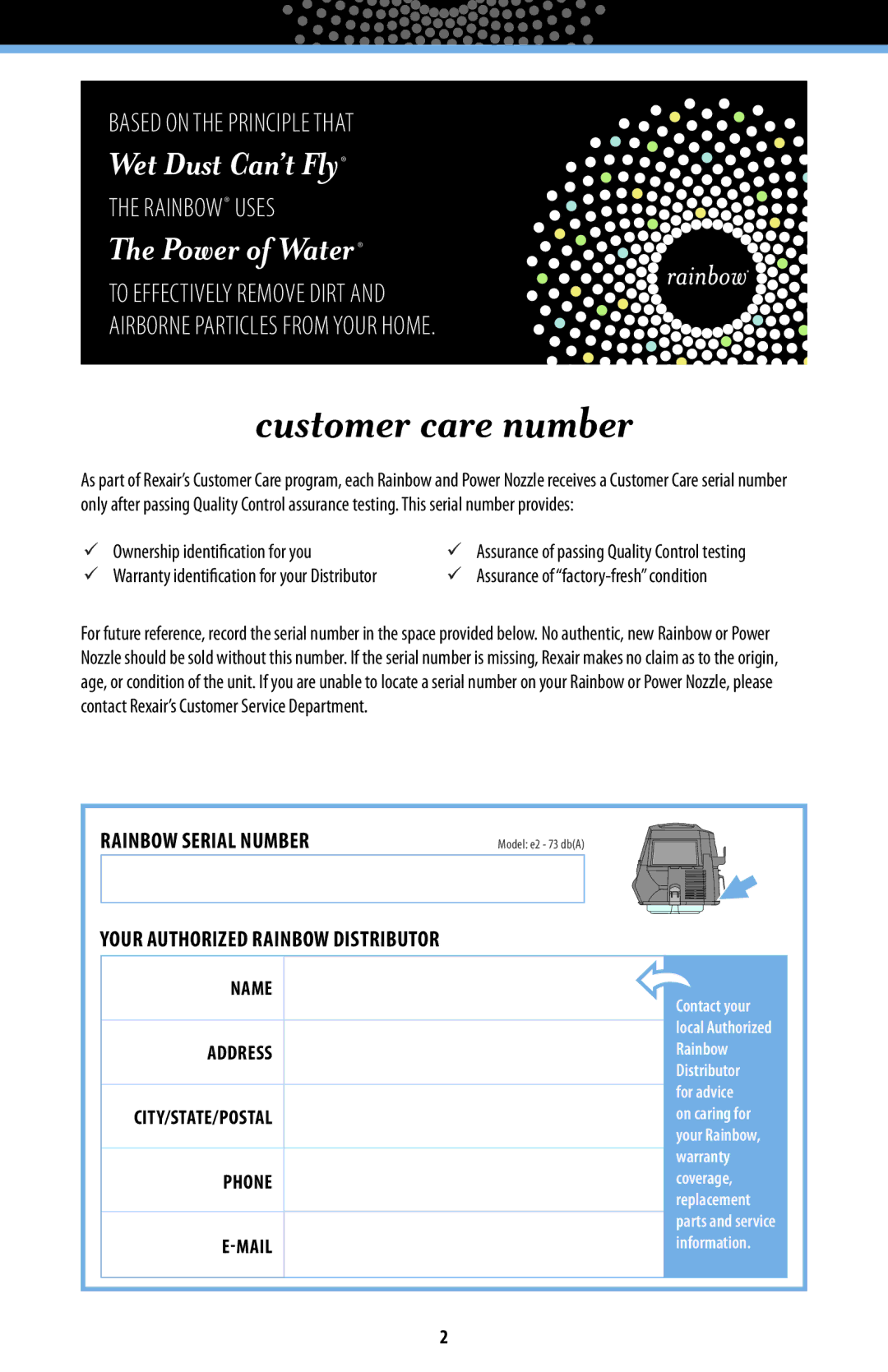 Rainbow Technologies RAINBOWE2 manual Customer care number, Ownership identification for you 