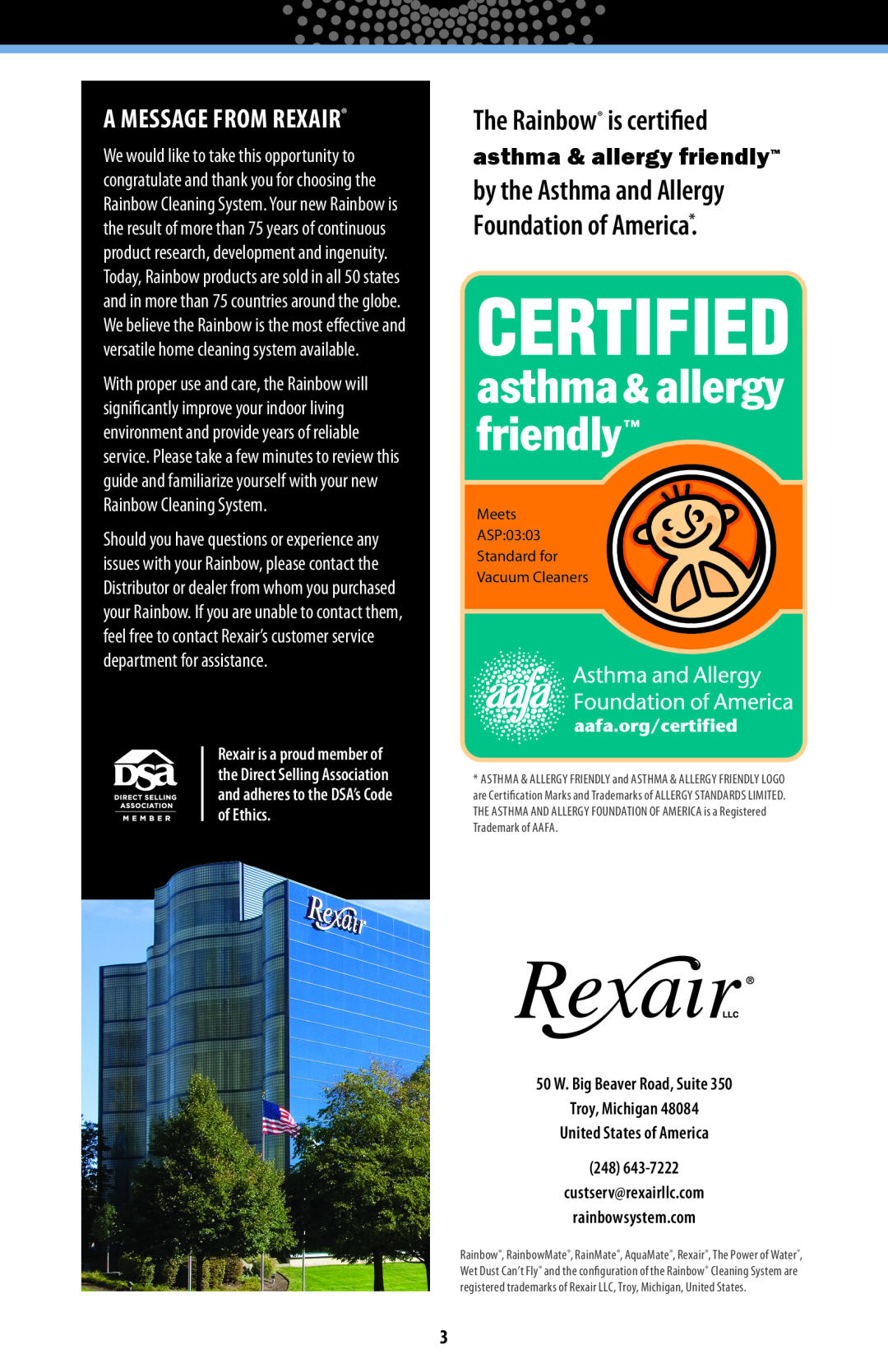 Rainbow Technologies RAINBOWE2 manual The Rainbow is certified, by the Asthma and Allergy Foundation of America 