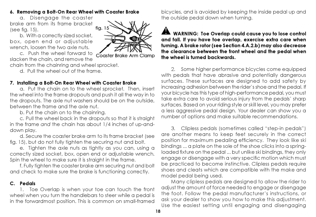 Raleigh 2008 manual Installing a Bolt‑On Rear Wheel with Coaster Brake, Pedals 