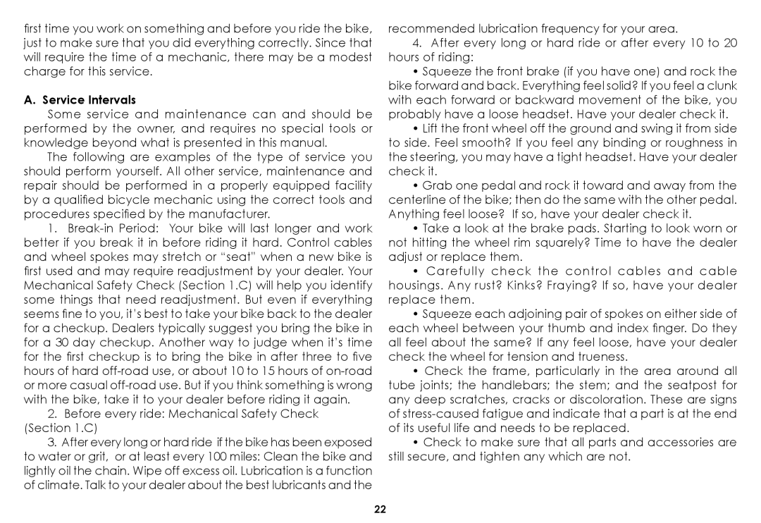 Raleigh 2008 manual Service Intervals, Before every ride Mechanical Safety Check 