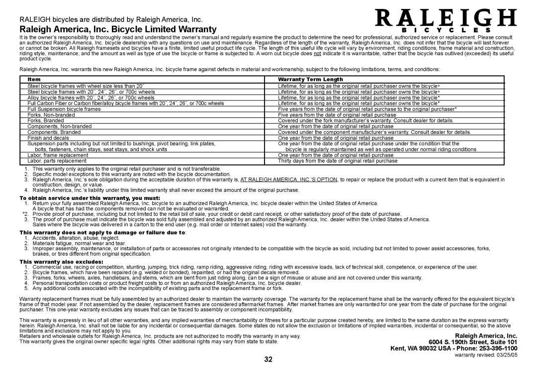 Raleigh 2008 manual Raleigh America, Inc. Bicycle Limited Warranty 