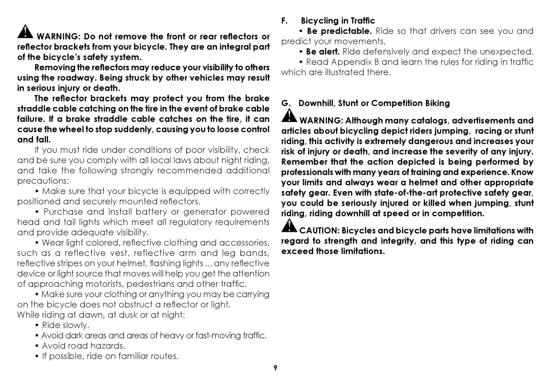 Raleigh 2008 manual Bicycling in Traffic, Downhill, Stunt or Competition Biking 