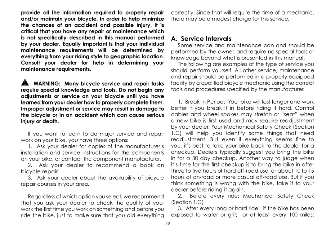 Raleigh None manual Service Intervals 