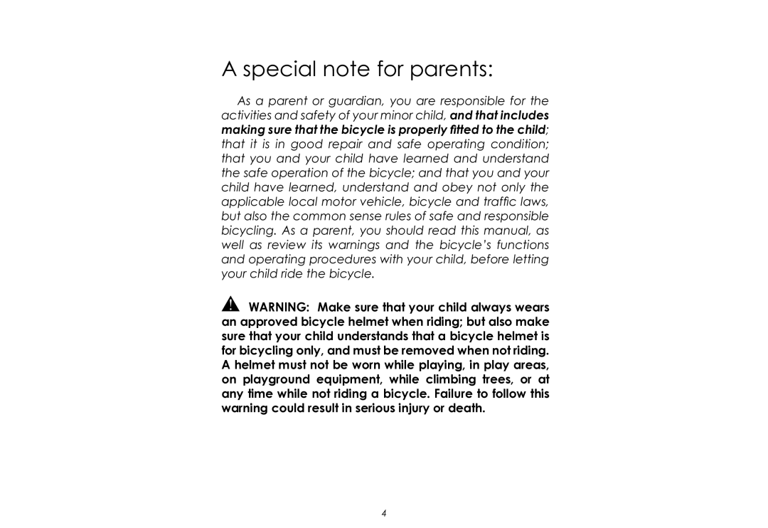 Raleigh None manual Special note for parents 