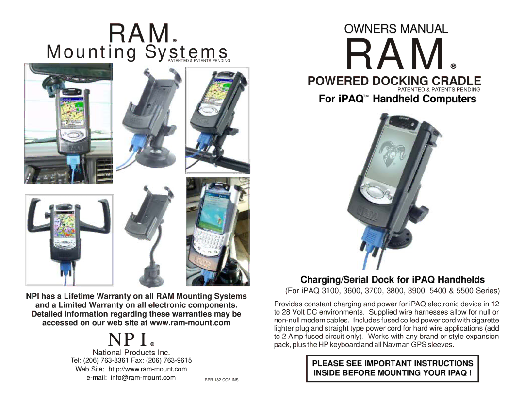 RAM Mounting Systems 3600, 3800, 3900, 5500, 3100, 5400, 3700 manual Powered Docking Cradle, National Products Inc 