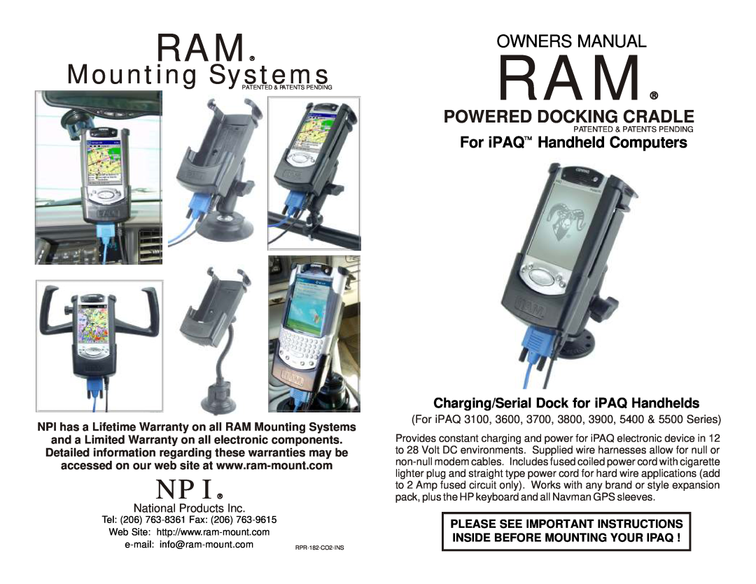 RAM Mounting Systems 3600, 3800, 3900 manual Powered Docking Cradle, National Products Inc, Mounting Systems, Owners Manual 