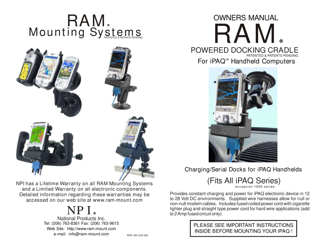 RAM Mounting Systems RPR-182-CO5-INS manual Ram, Fits All iPAQ Series, Powered Docking Cradle 