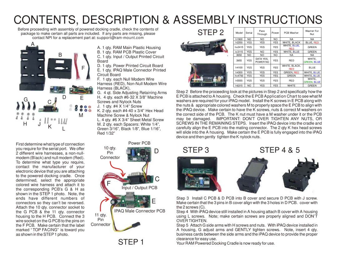 RAM Mounting Systems RPR-182-CO5-INS manual CONTENTS, Description & Assembly Instructions 