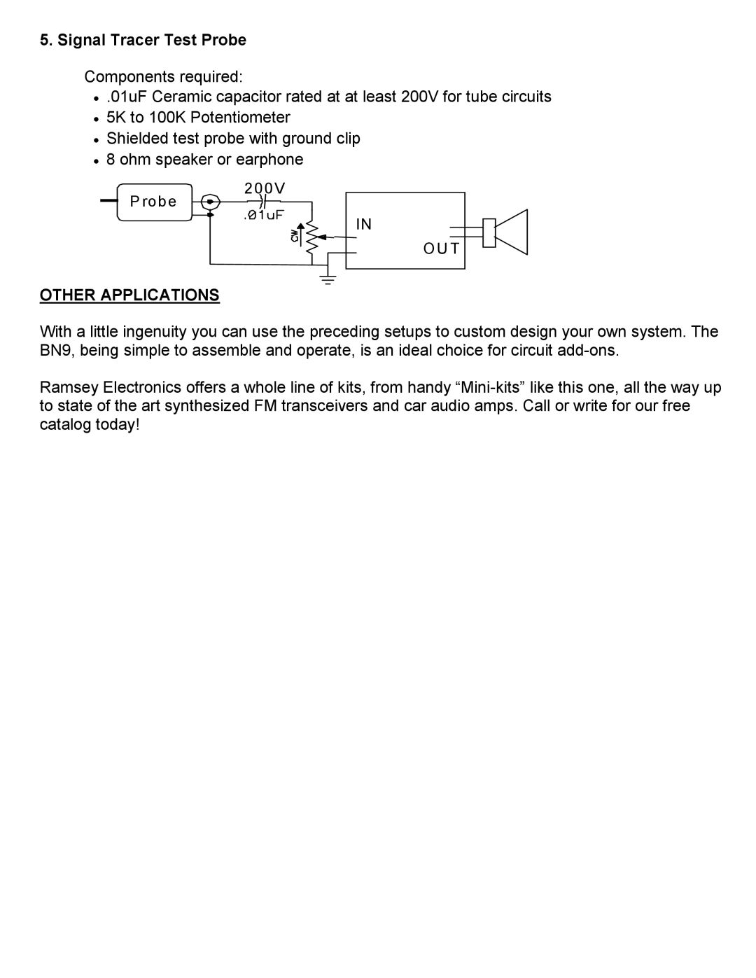 Ramsey Electronics BN9, 2 1/2 Watt Super Sleuth Audio Amplifier manual Signal Tracer Test Probe, Other Applications 