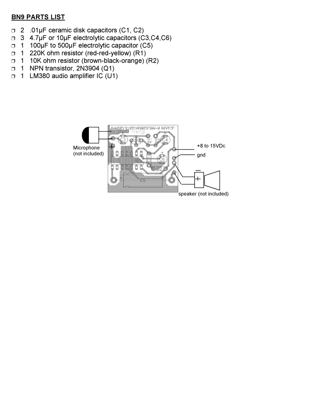 Ramsey Electronics 2 1/2 Watt Super Sleuth Audio Amplifier manual BN9 Parts List 