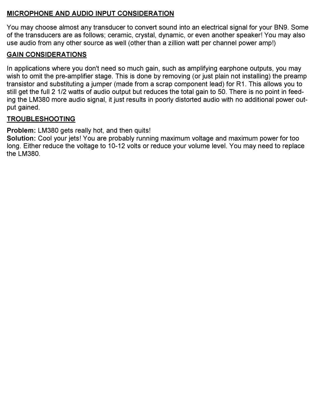 Ramsey Electronics BN9 manual Microphone and Audio Input Consideration, Gain Considerations, Troubleshooting 